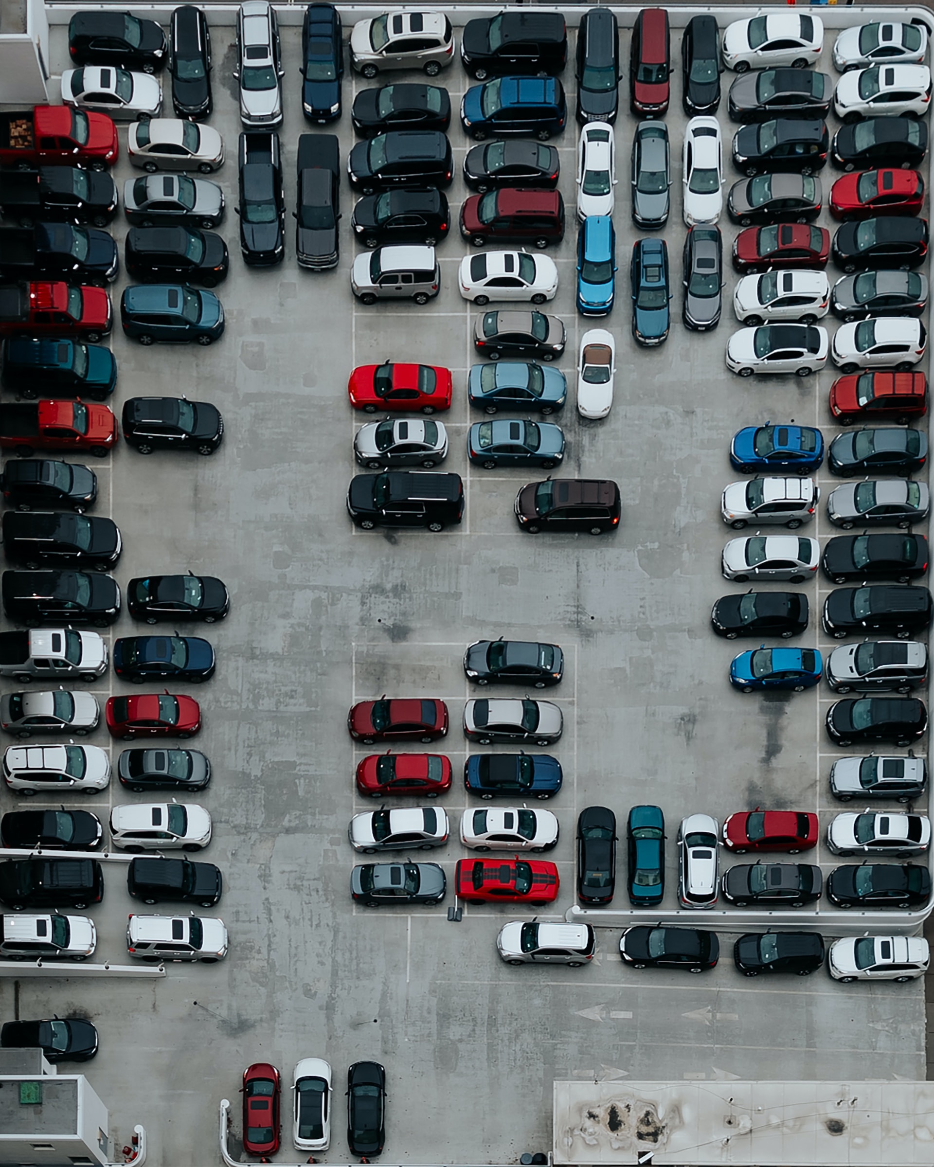 Aerial photos of cars in a parking lot