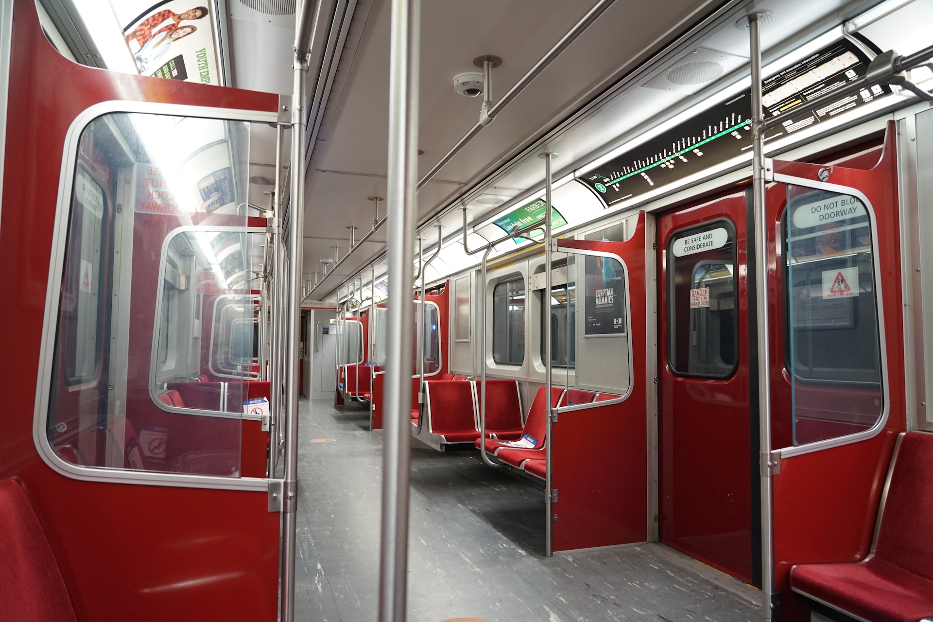 The inside of an empty TTC subway train