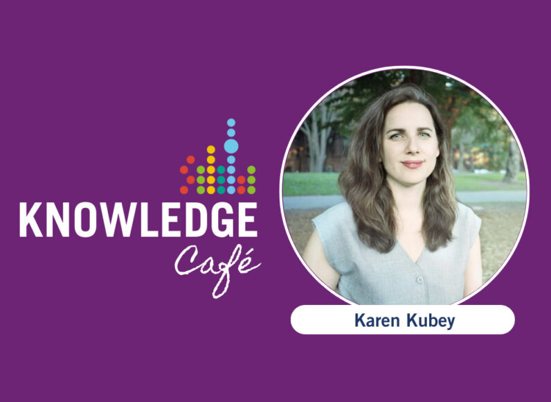 Karen Kubey Headshot with Knowledge Cafe logo