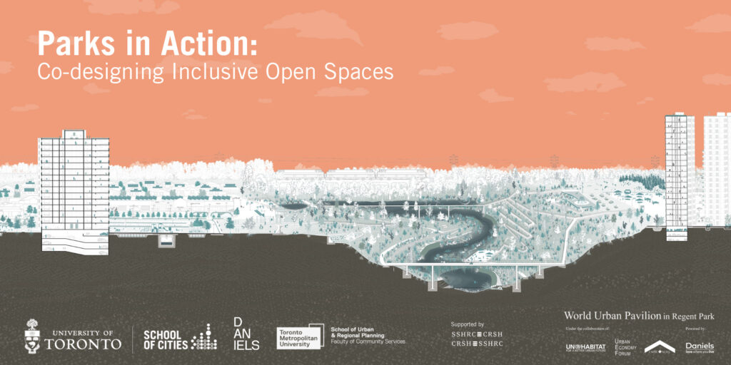 Poster for Parks in Action exhibit showing panoramic rendition of an urban park landscape