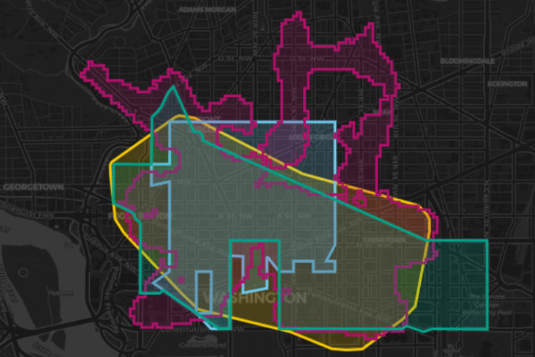 Screenshot of an interactive map from downtownrecovery.com showing different downtown boundaries for Washington DC