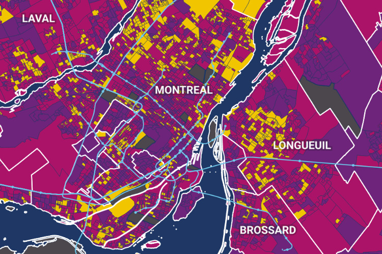 Map of Montreal showing the percent of workers who work evening or night shifts