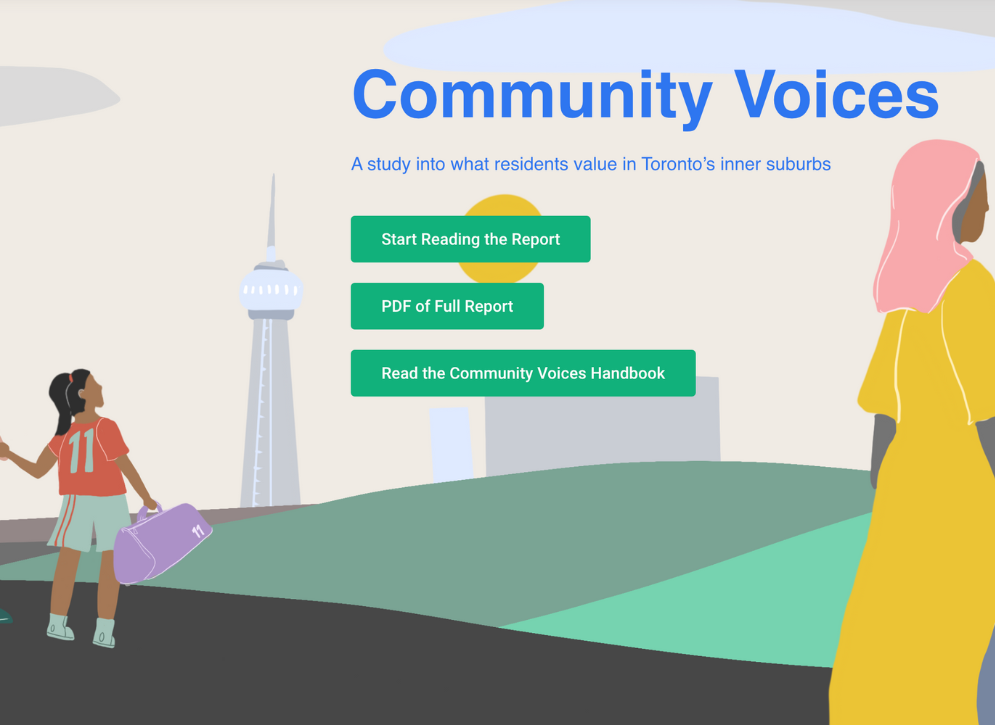 Screenshots of the Community Voices report website – showing an illustration of residents of Toronto's inner suburbs.