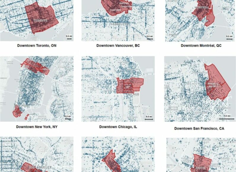 Several maps of North American cities' downtown recovery