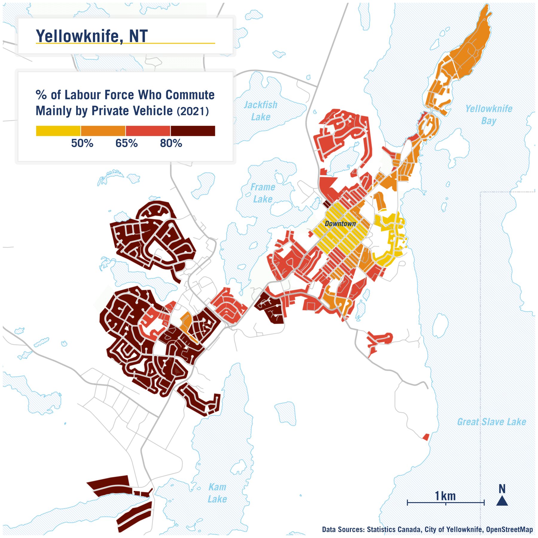 Map of % of labour force who commute to work by car