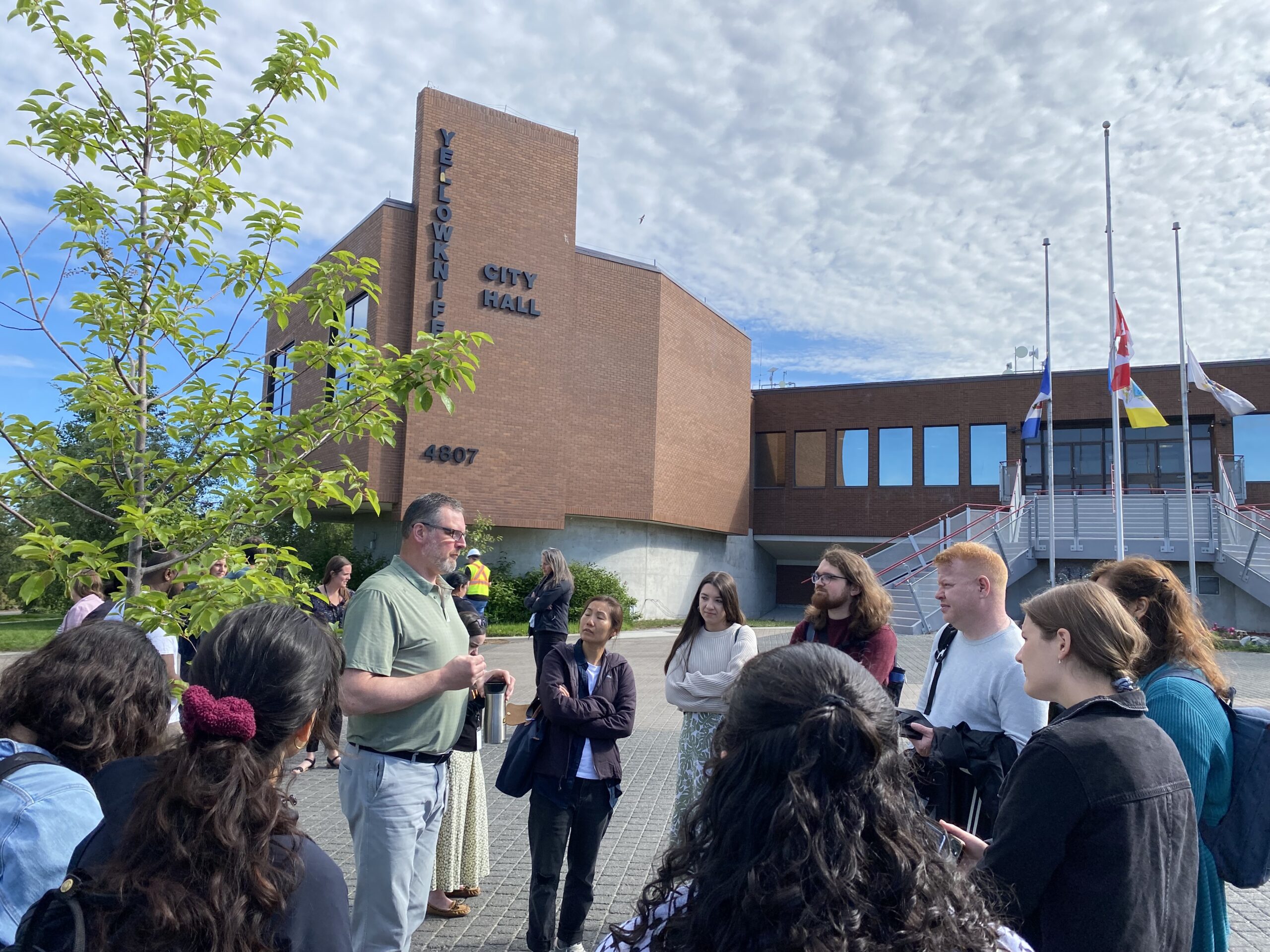 Group outside Yellowknife council chambers after fire drill