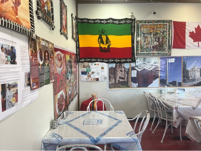 Flag above restaurant table