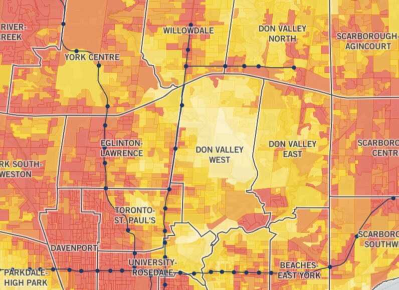 Section of a map of heat vulnerability in Toronto