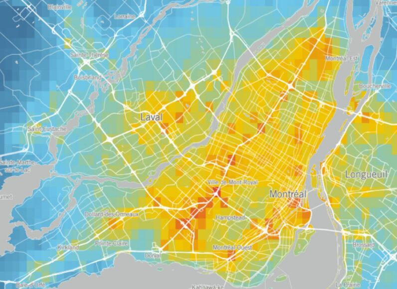 screenshot of a map of montreal visualizing air pollution across the region