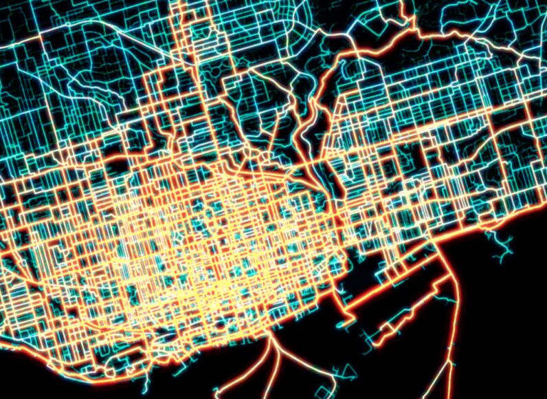 screenshot of part of a map visualizing bike share trips in Toronto