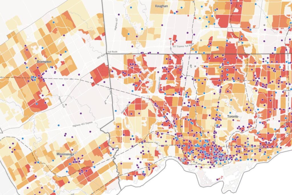 screenshot of interactive map of community agency spaces overlaid neighbourhood demographics