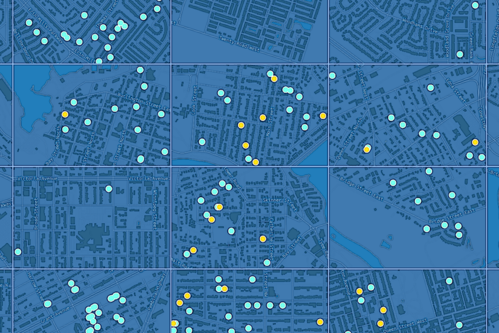 screenshot of an abstracted map showing the location of ADUs in several cities in Canada