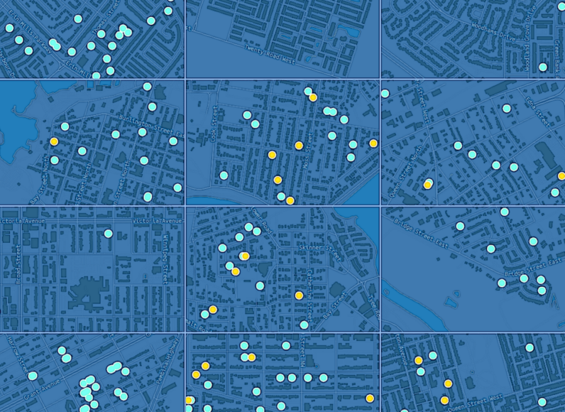 screenshot of an abstracted map showing the location of ADUs in several cities in Canada