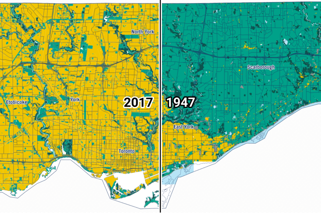 screenshot of a map showing change in land cover in Toronto from 1947 to 2017