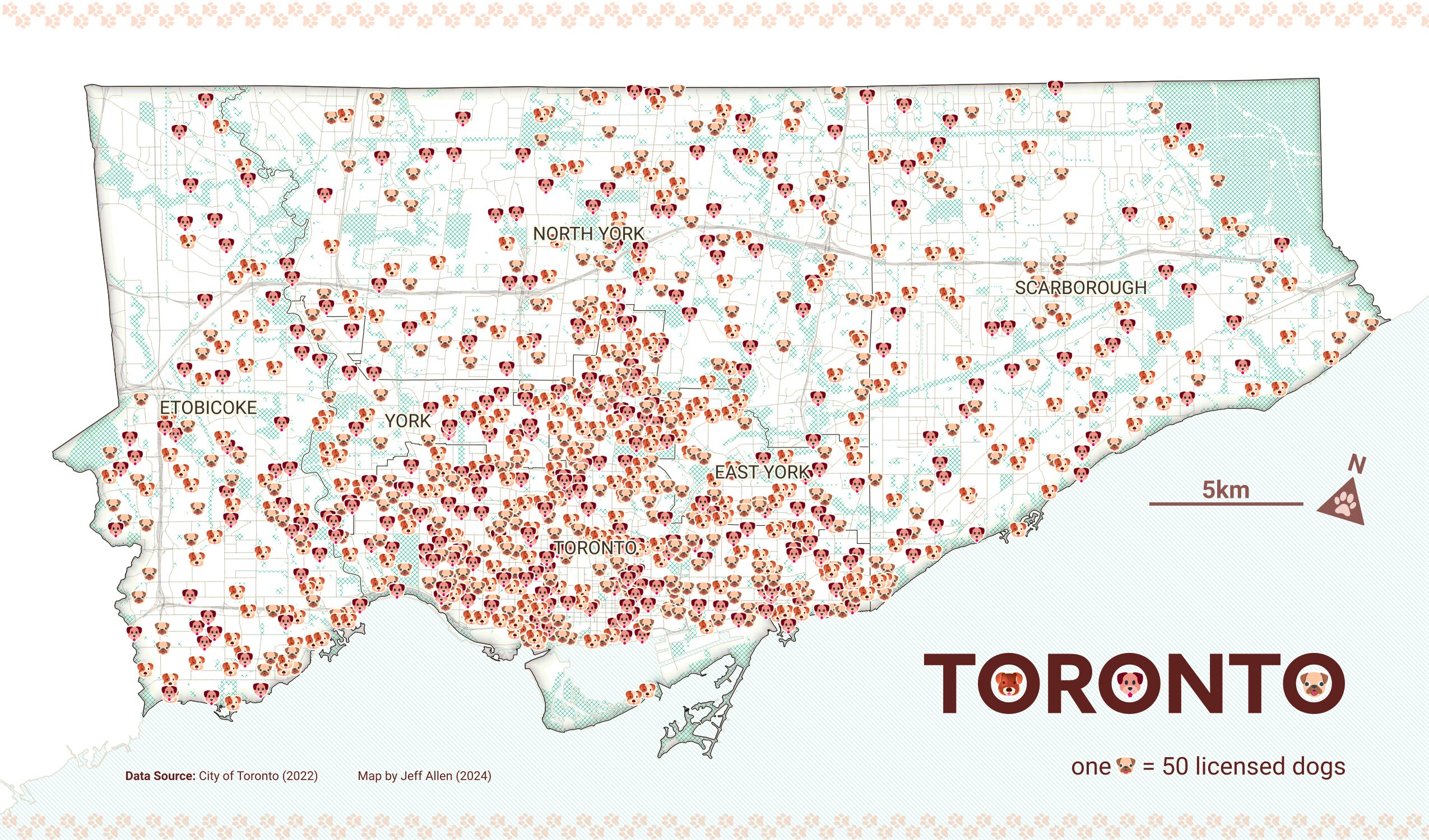 map of Toronto showing spatial distribution of dogs in the city using dog emojis