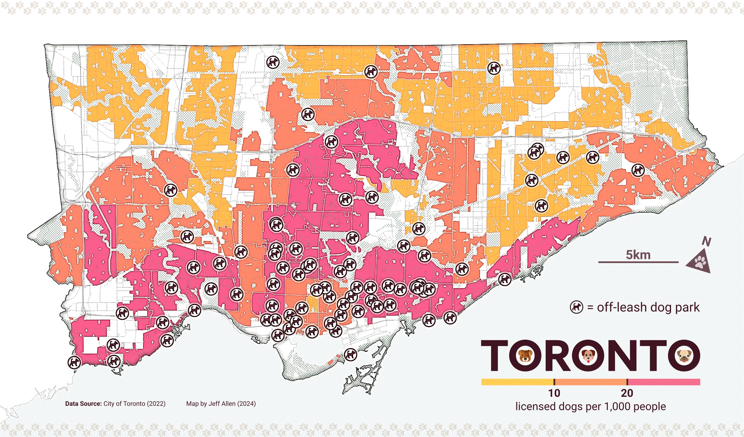 map of Toronto showing the licensed dogs per capita overlaid by the location of off-leash dog parks