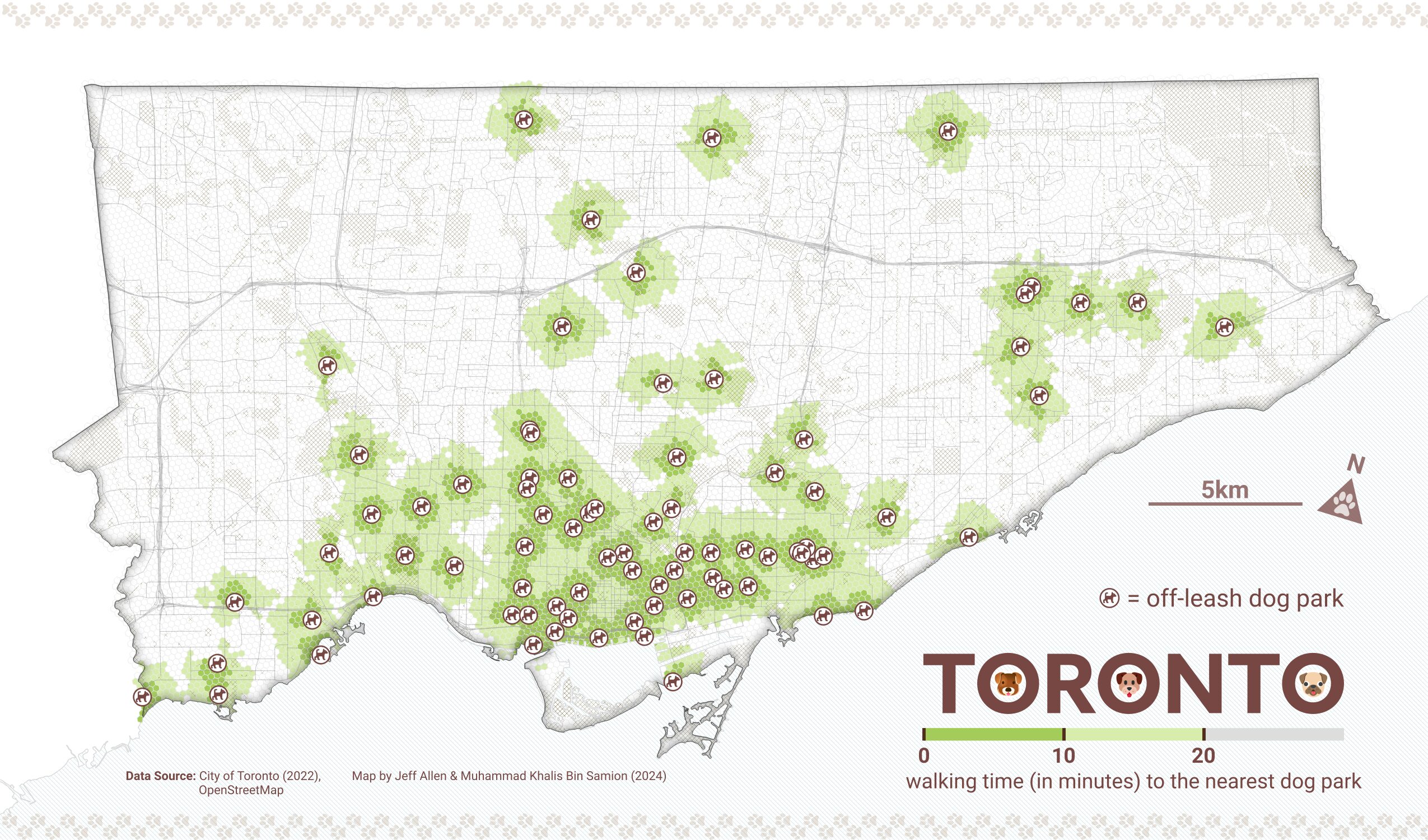 map showing the neighbourhoods in Toronto that are within a 20 minute walk to an off-leash dog park