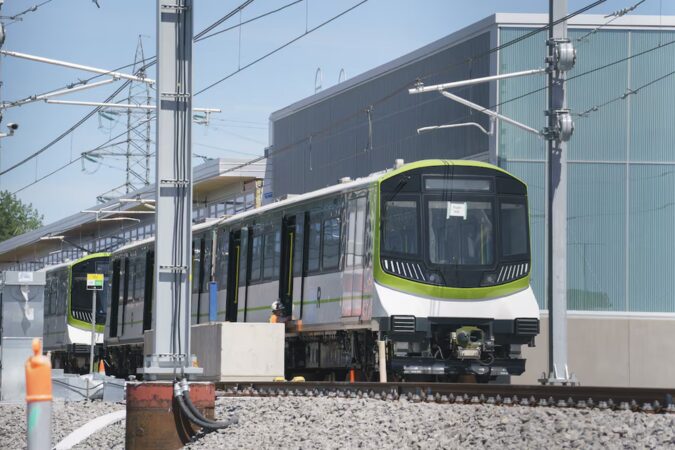 A train is stopped at a station during a media tour of the Réseau express métropolitain, in Brossard, Que.