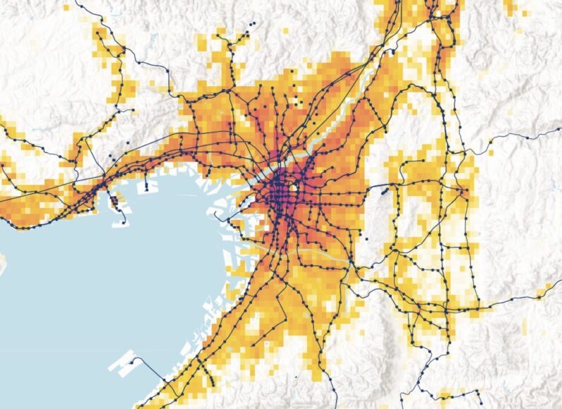 map of rail transit and population density in Osaka, Japan